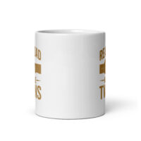 White mug with printed text design