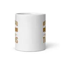 White mug with printed text design
