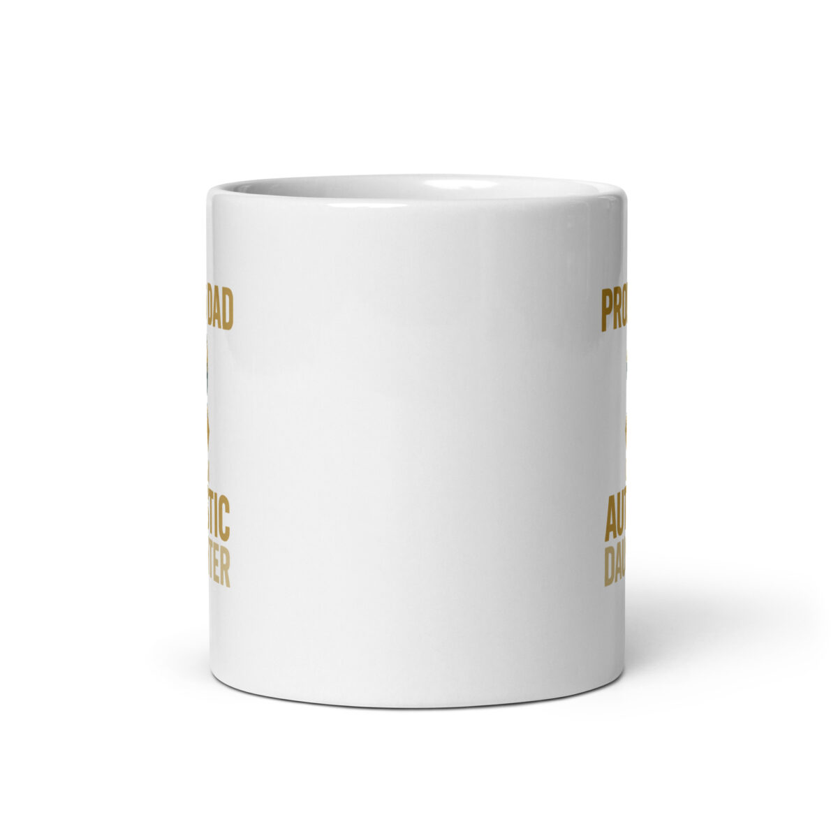 White mug with gold text design.
