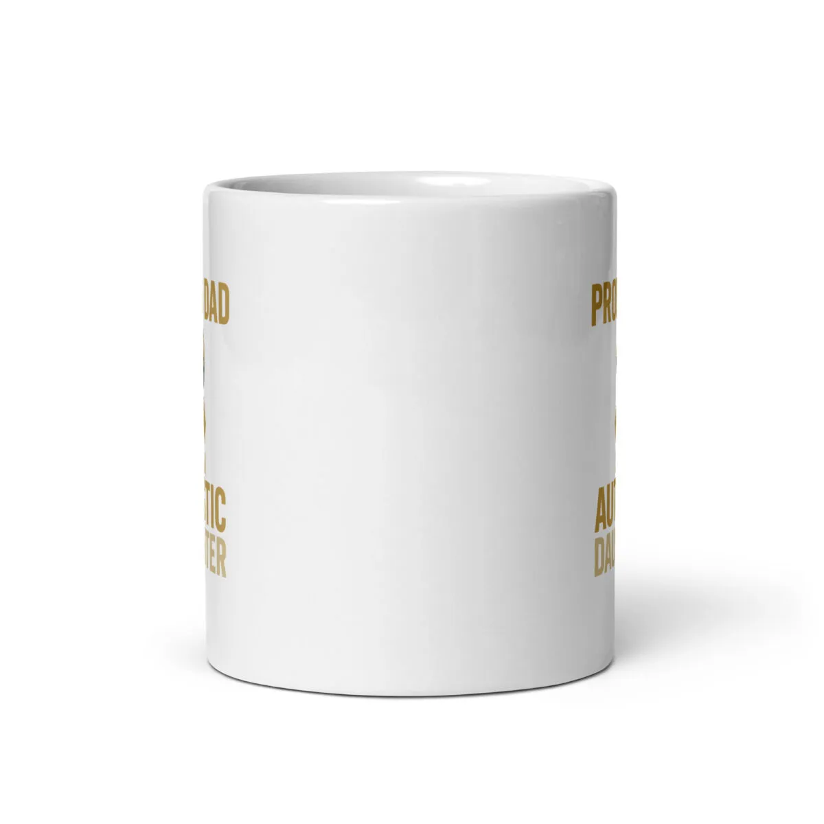 White mug with gold text design.