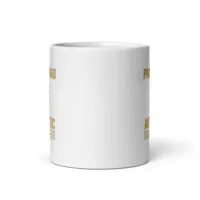 White mug with gold text design.