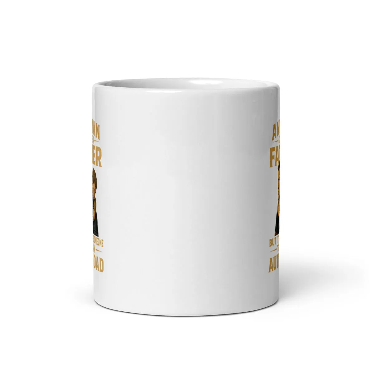 White mug with printed text and image.