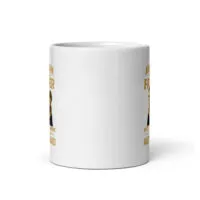 White mug with printed text and image.