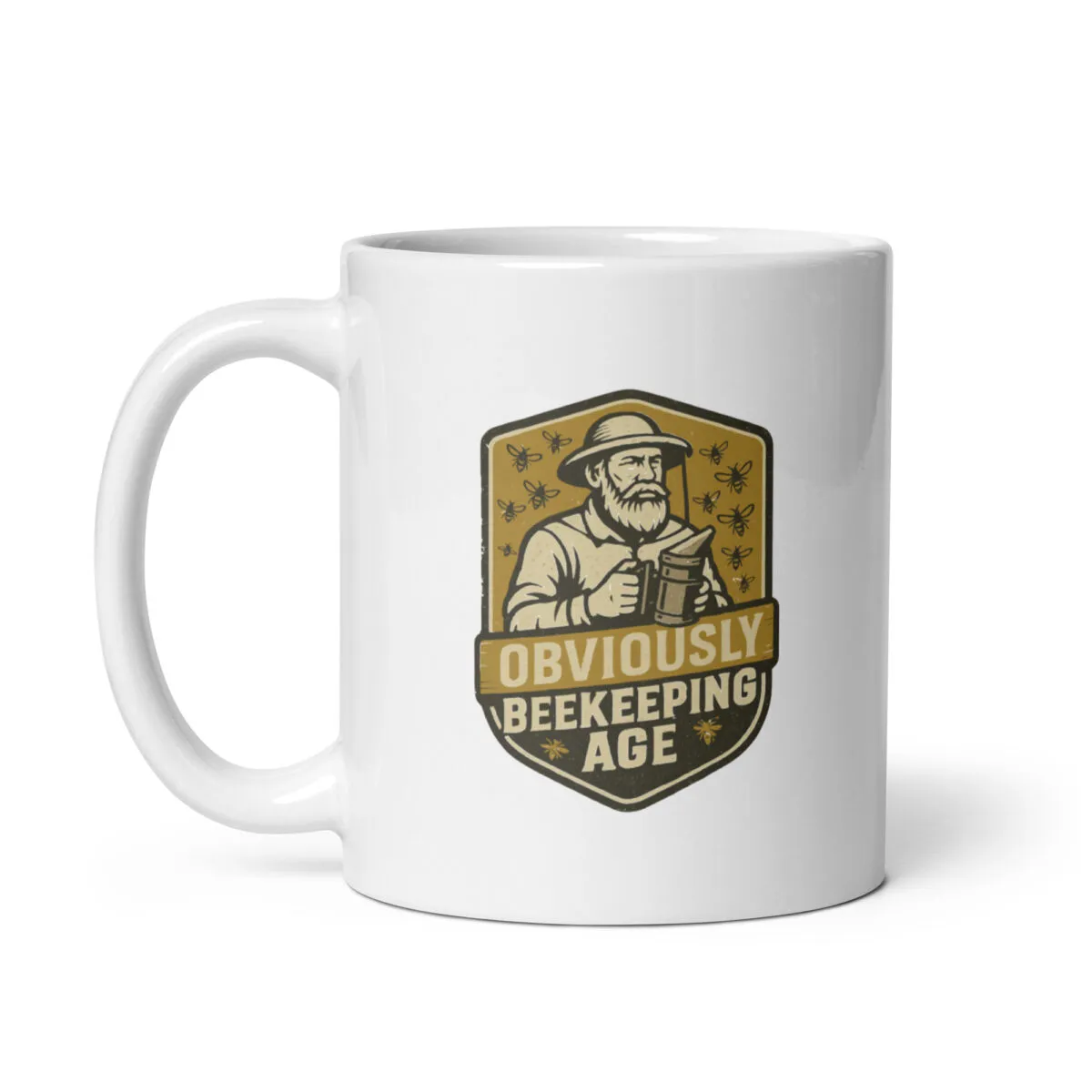 Mug with beekeeping design and humorous text.
