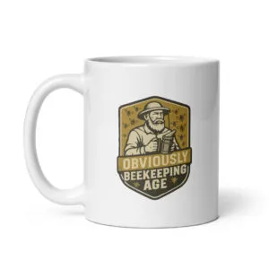 Mug with beekeeping design and humorous text.
