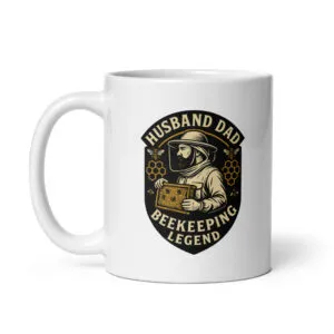 White mug with beekeeping legend design