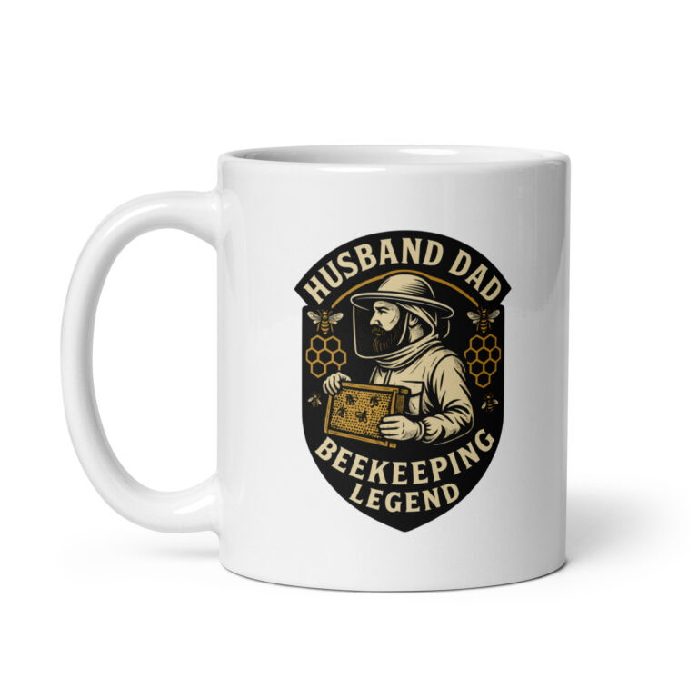 White mug with beekeeping legend design