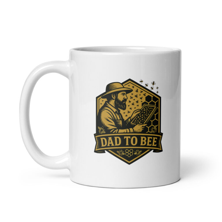 White mug with dad bee illustration