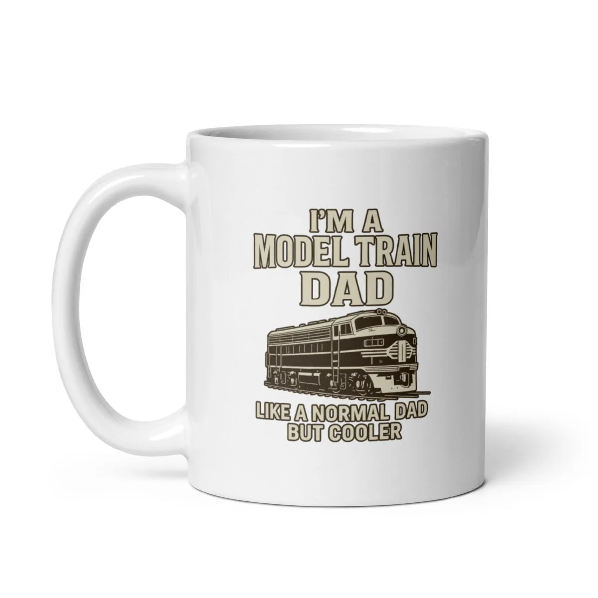 White mug with 'Model Train Dad' design.