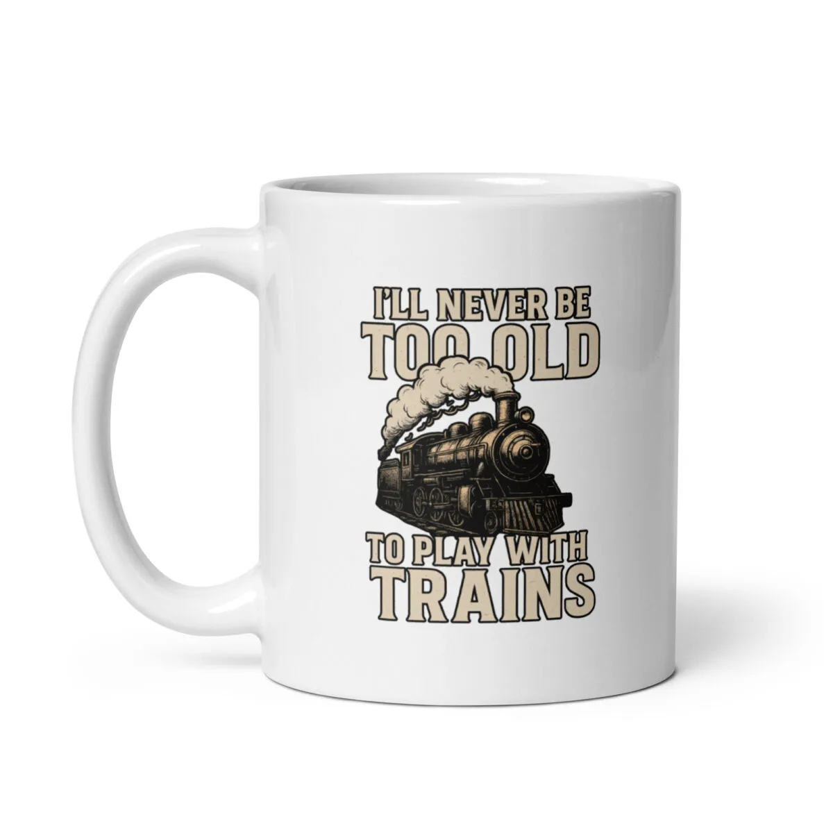 Mug with train-themed motivational quote.