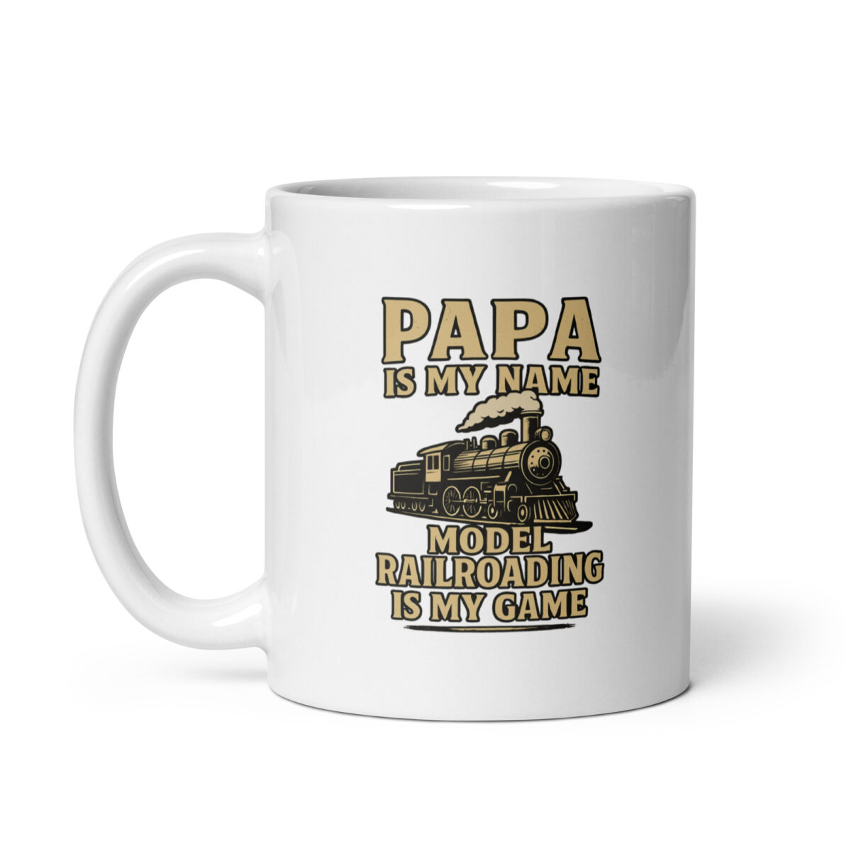 White mug with model railroading design and quote.