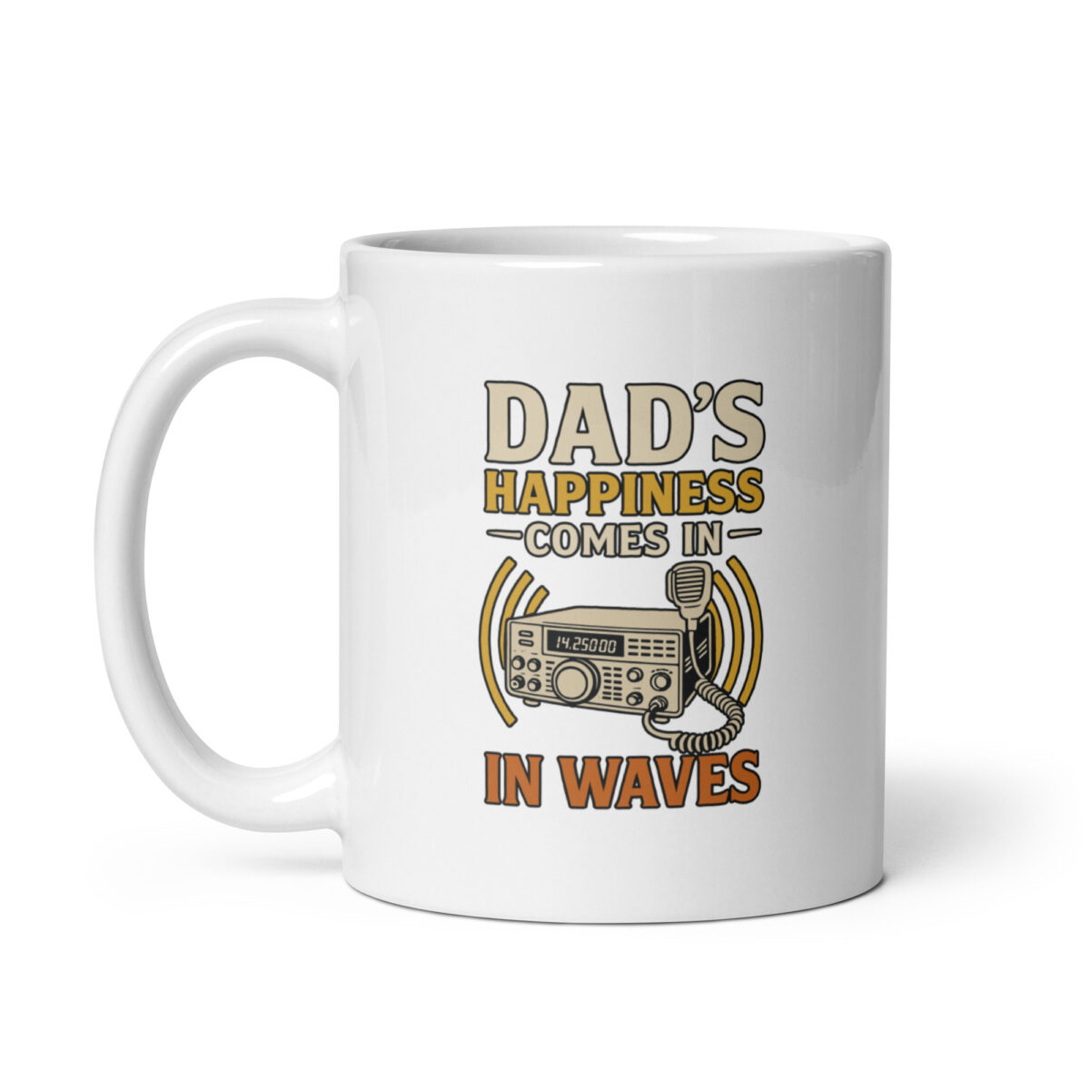 Radio-themed mug with dad happiness quote.