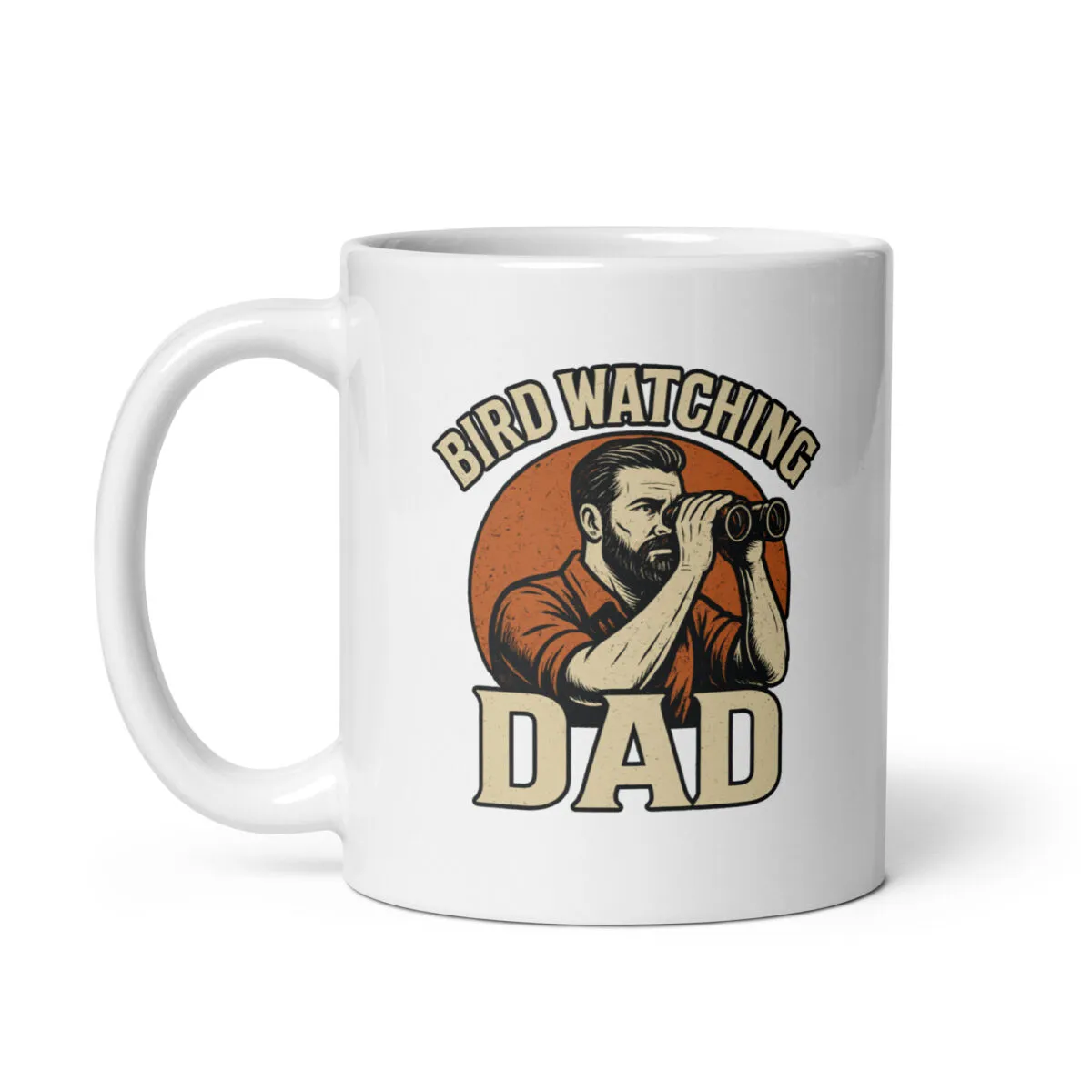 Bird watching dad mug with illustration and text.