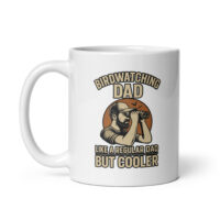 White mug with birdwatching dad design.