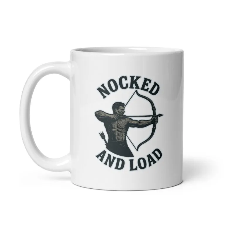 Archery-themed mug with archer illustration and text.