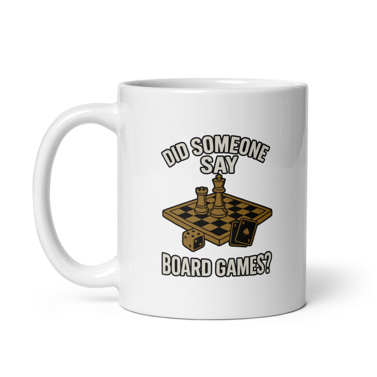 Mug with board game pieces and text.