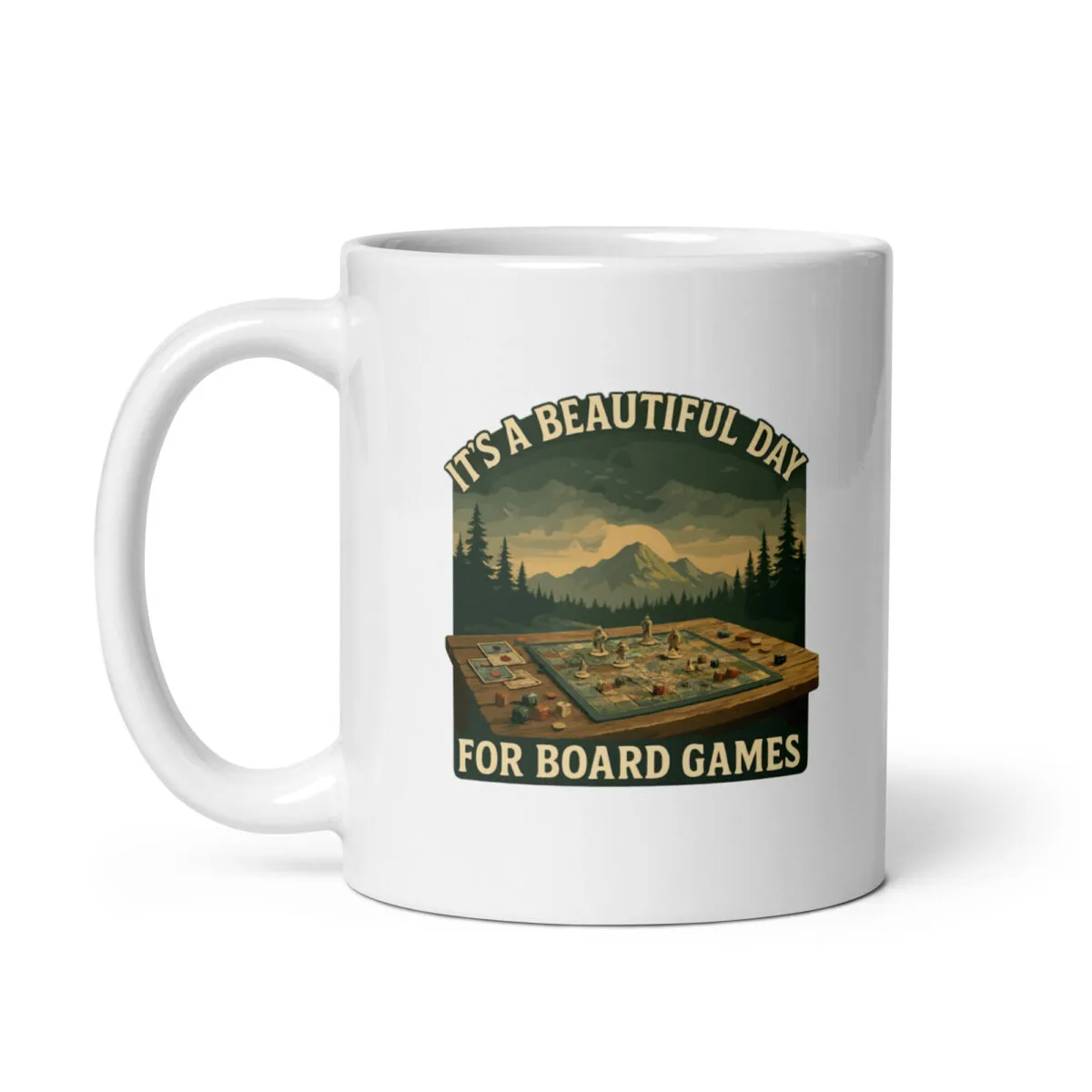 Mug with board games design and mountain scenery.
