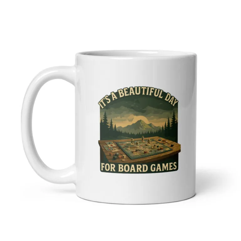 Mug with board games design and mountain scenery.