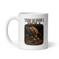 Mug with dice gaming design and text