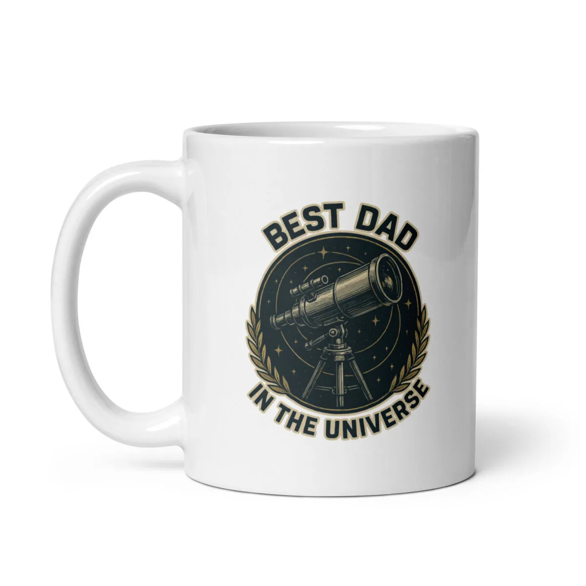 White mug with telescope and 'Best Dad' text.