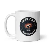 White mug with 'Best Dad in the Galaxy' design.