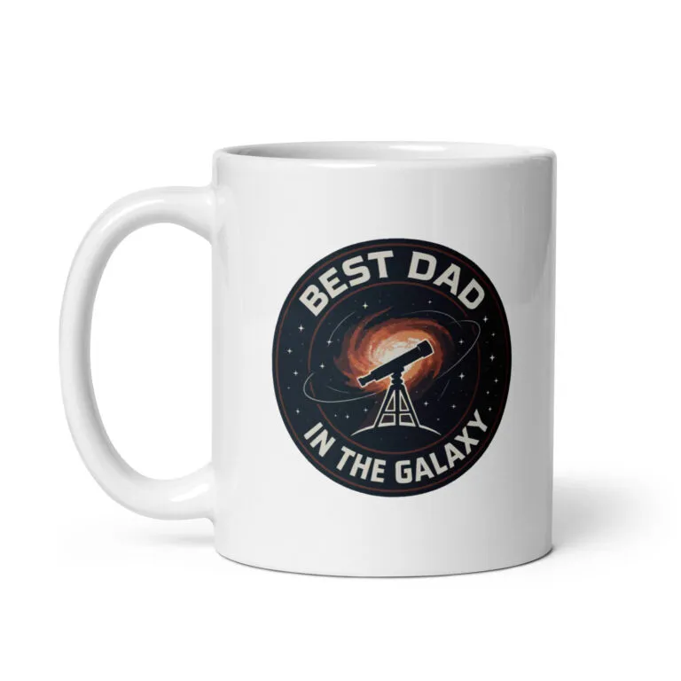 White mug with 'Best Dad in the Galaxy' design.