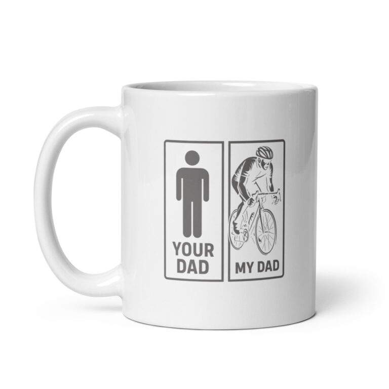 Comparative dad graphics on white mug, cycling theme.