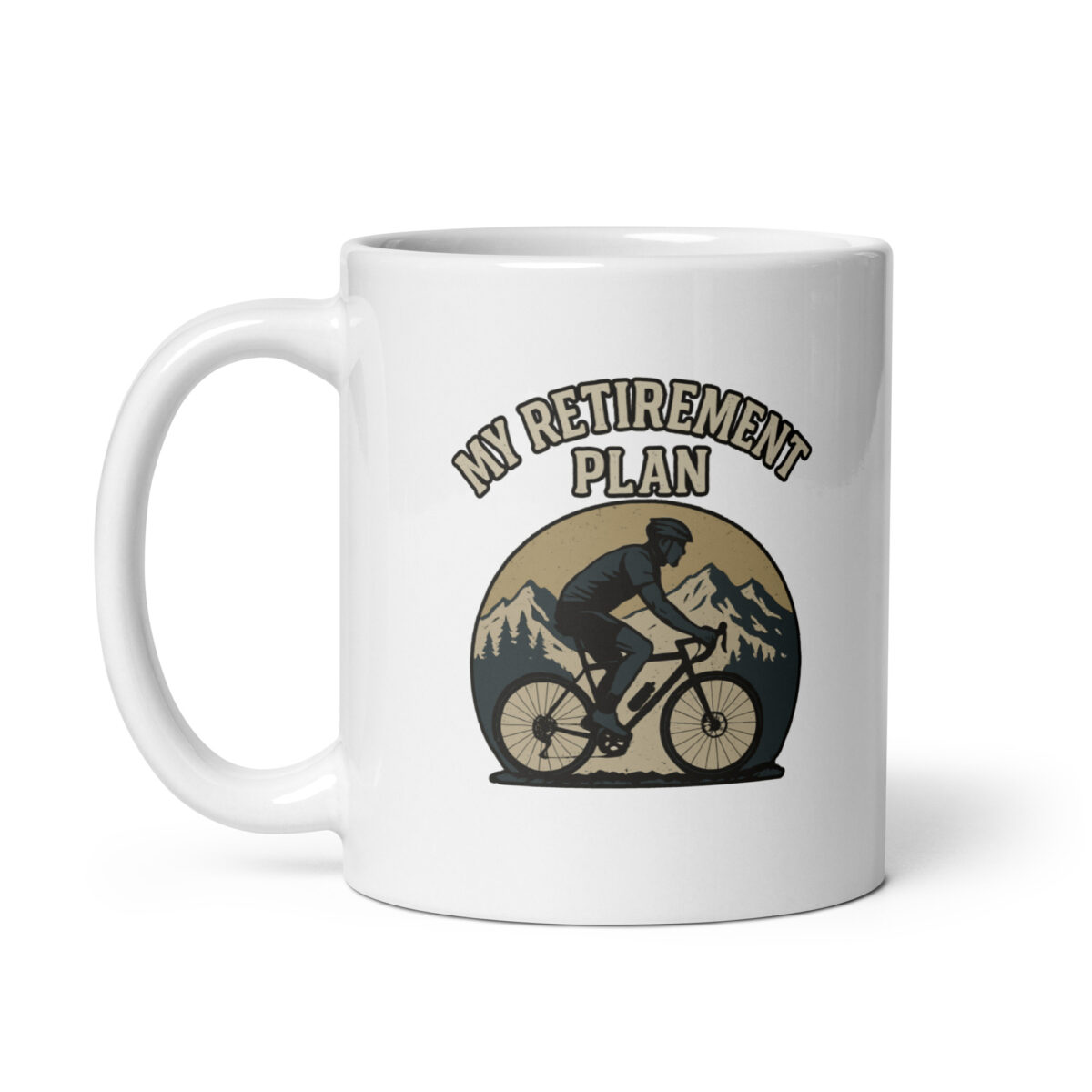 Mug with cyclist and 'My Retirement Plan' text.