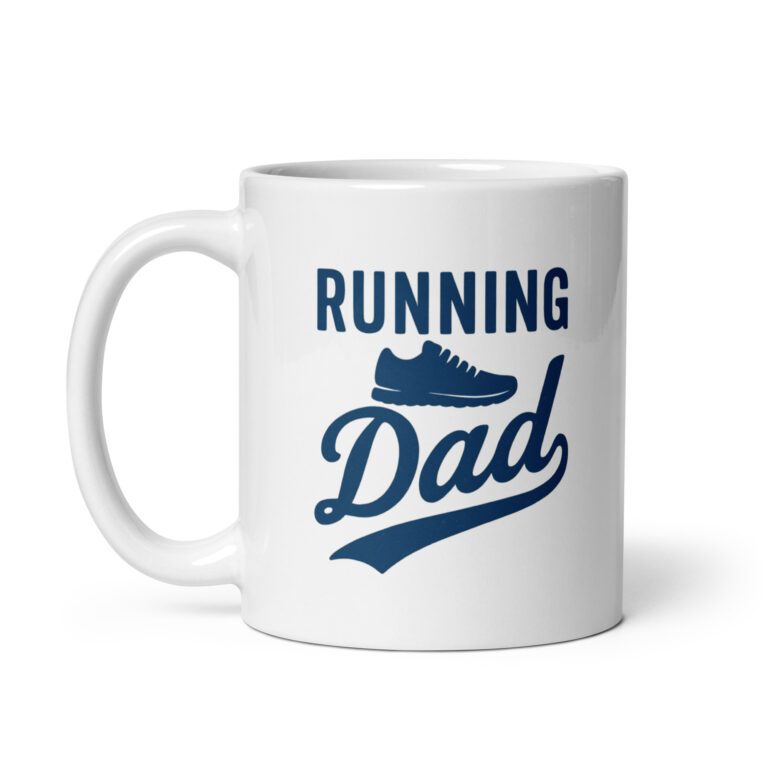 White mug with 'Running Dad' design.