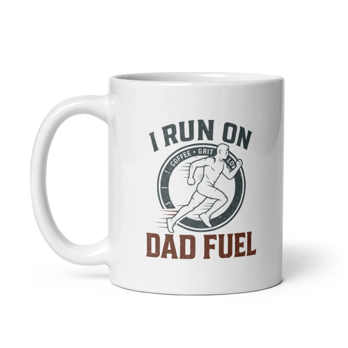 White mug with 'Dad Fuel' runner design.
