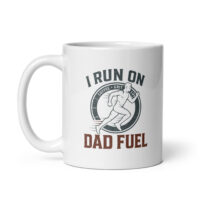 White mug with 'Dad Fuel' runner design.