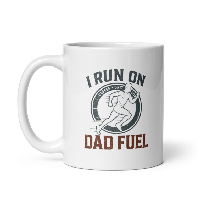 White mug with 'Dad Fuel' runner design.