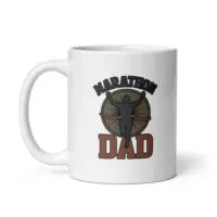 White mug with 'Marathon Dad' design