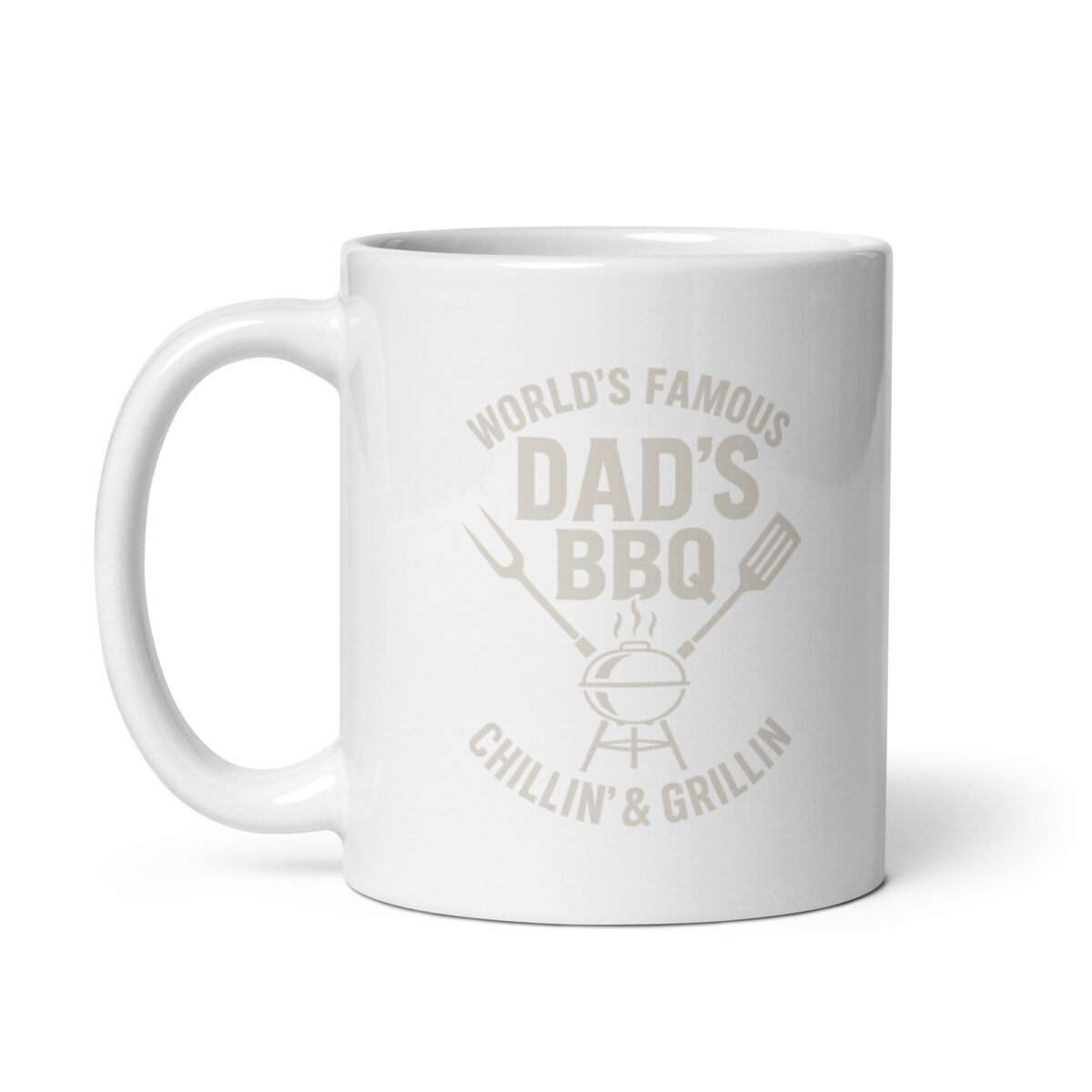 White mug with BBQ-themed design and text.