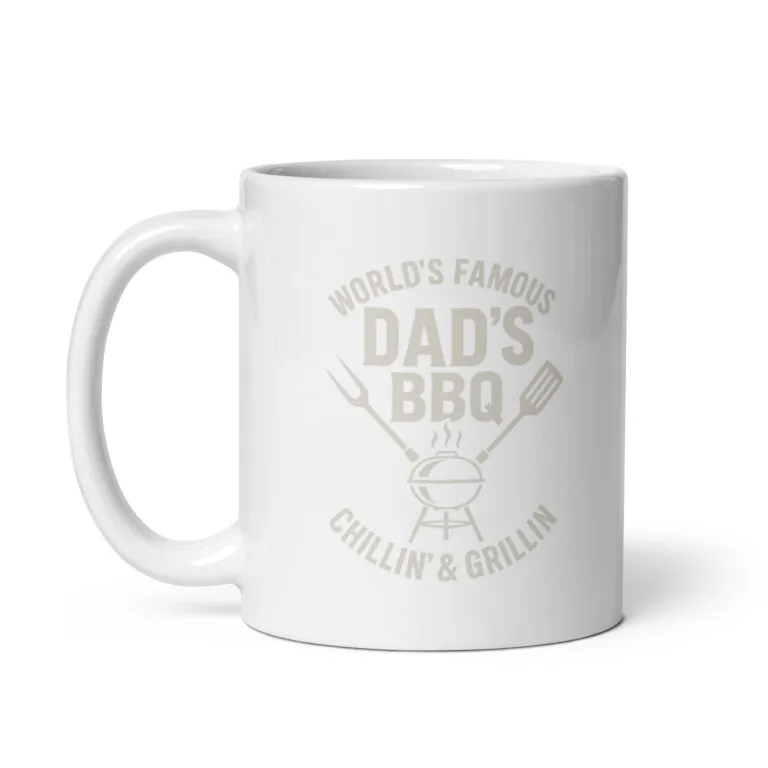 White mug with BBQ-themed design and text.