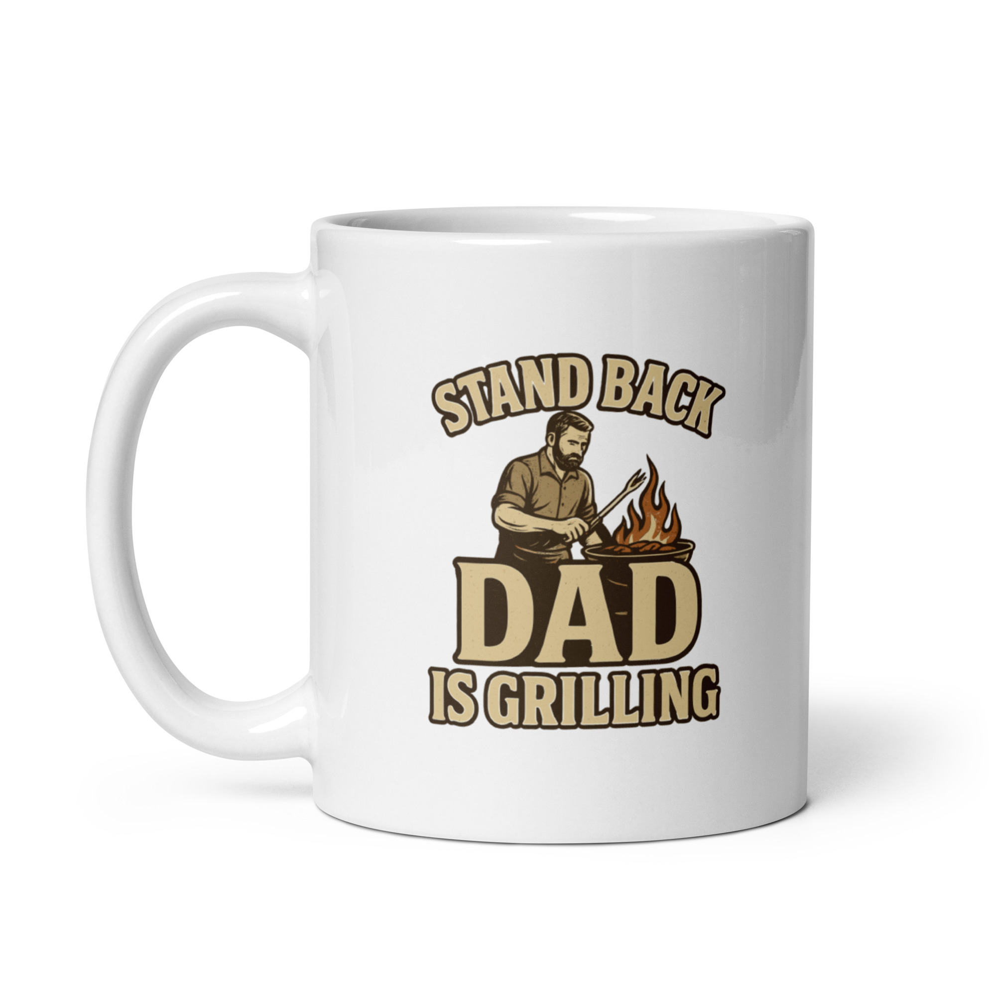 white-glossy-mug-white-11-oz-handle-on-left-68f1ce1dabca2.jpg White mug with 'Stand Back Dad is Grilling' design.