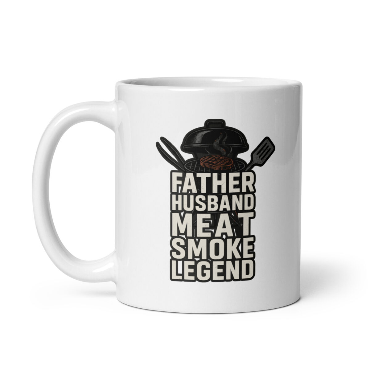 White mug with barbecue text design.