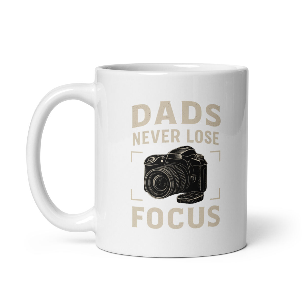 White mug with camera and dad joke print.
