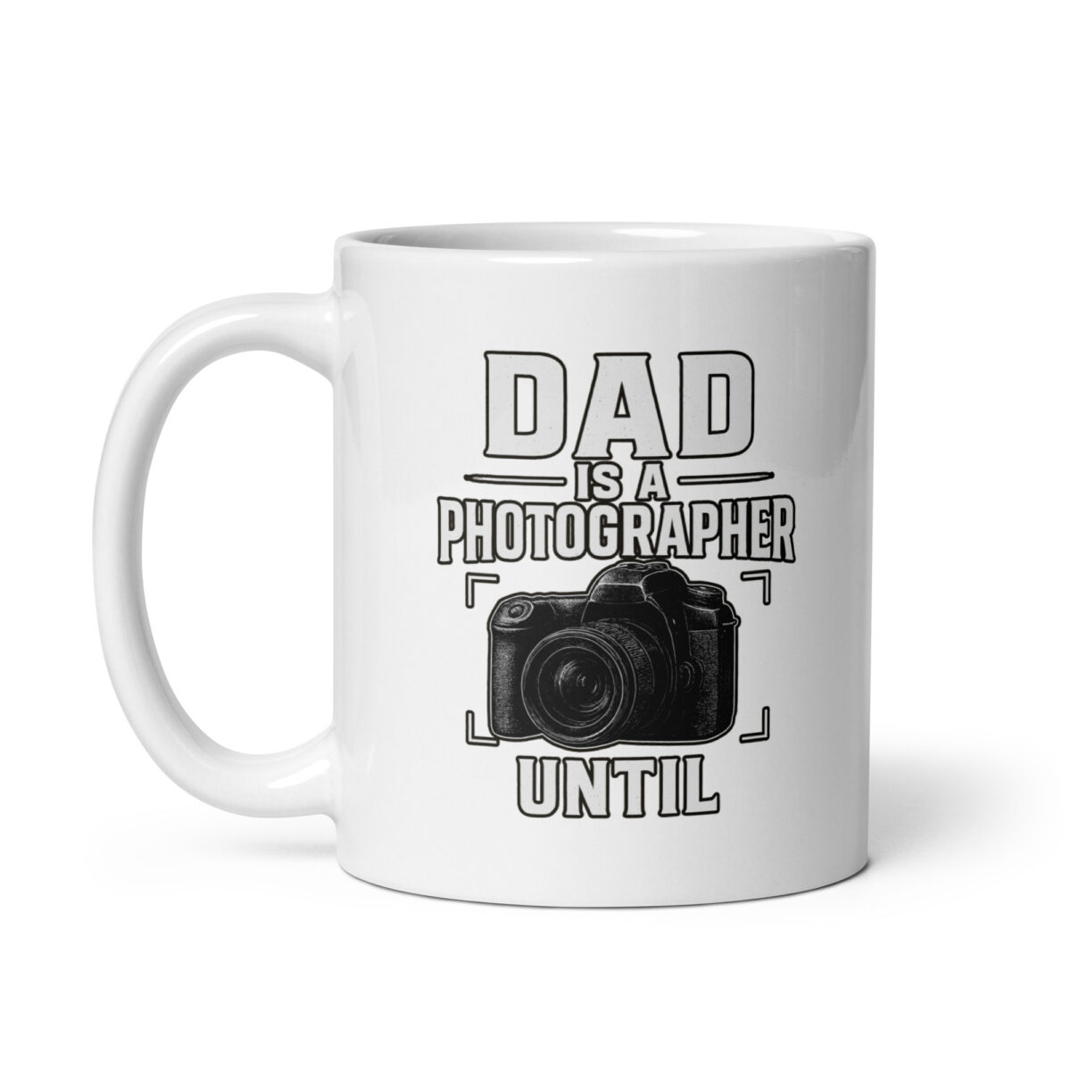 White mug with dad photographer design.