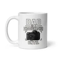 White mug with dad photographer design.