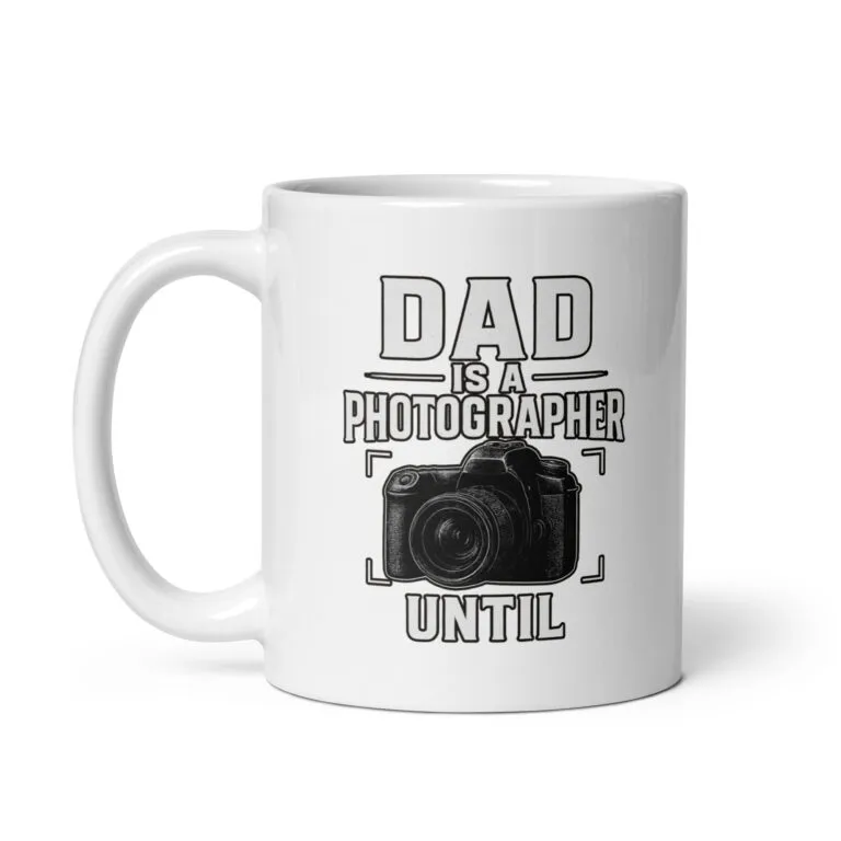 White mug with dad photographer design.