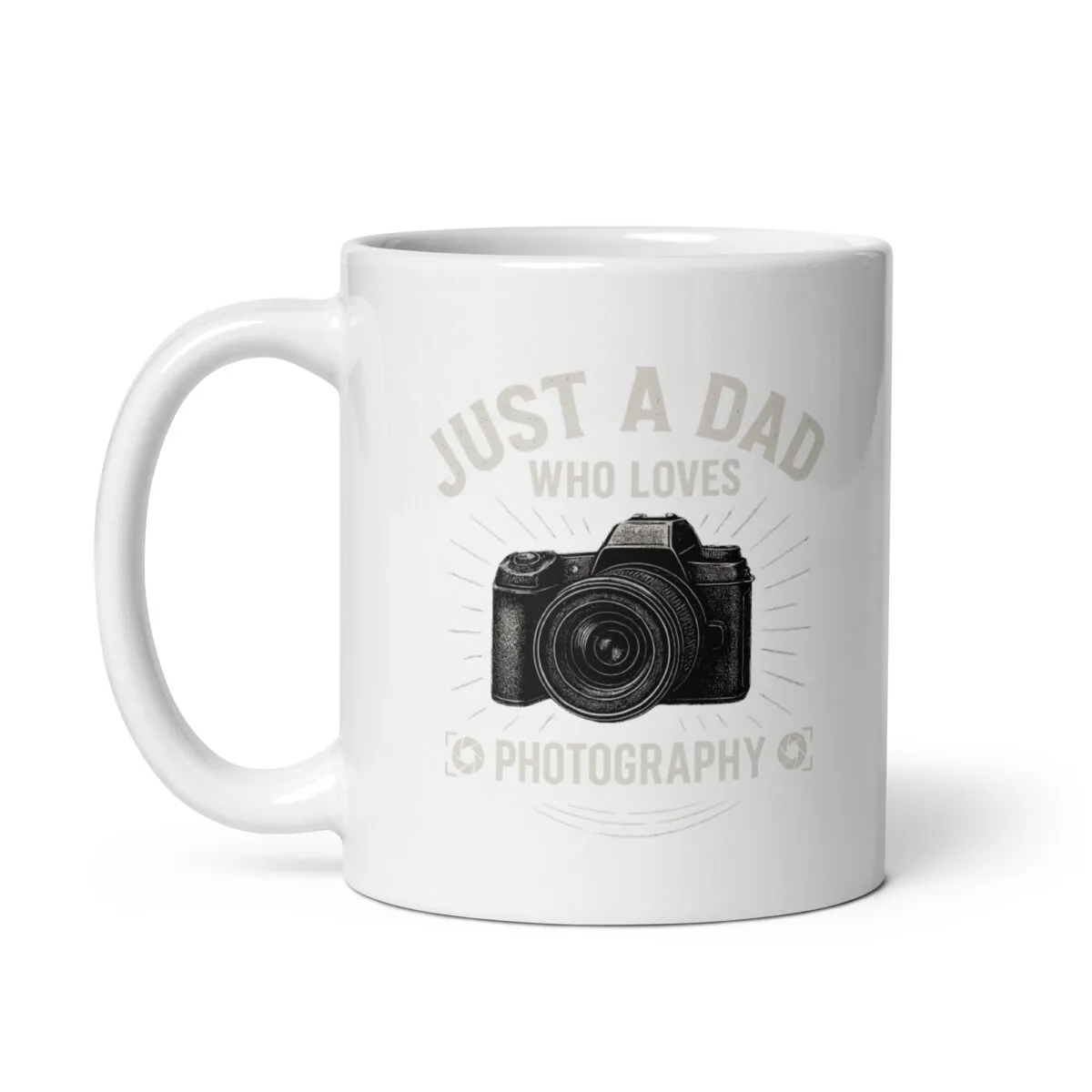 White mug with camera and photography text design.