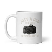 White mug with camera and photography text design.