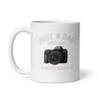 White mug with camera and photography text design.