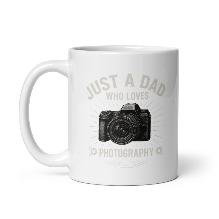 White mug with camera and photography text design.