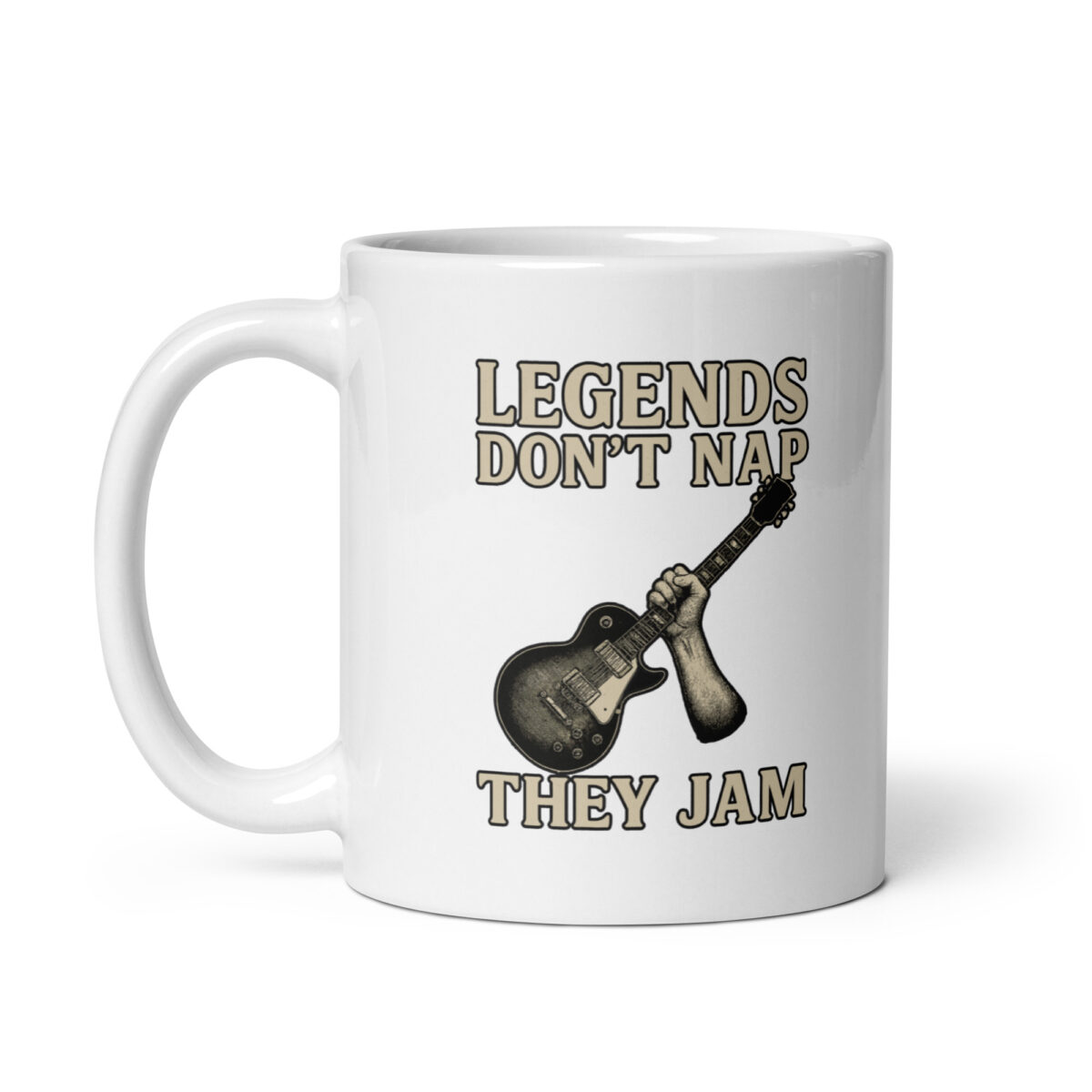 Mug with guitar and 'Legends Don't Nap' quote.