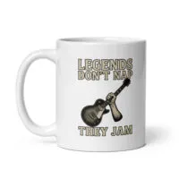 Mug with guitar and 'Legends Don't Nap' quote.