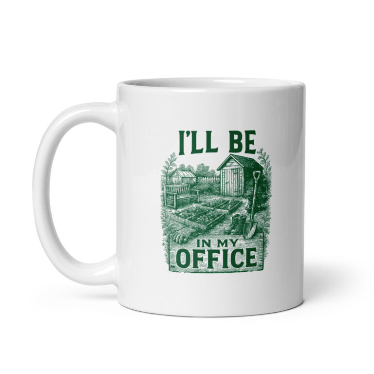 White mug with gardening theme and text.