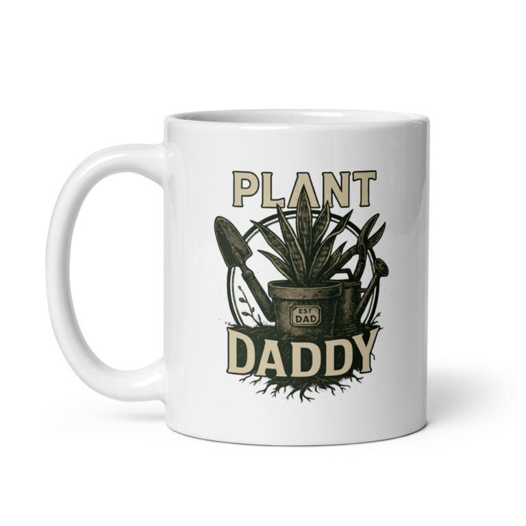 White mug with 'Plant Daddy' design.
