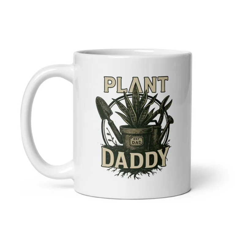 White mug with 'Plant Daddy' design.